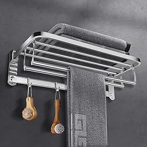 OOWOLF Estante de Toallas, Toalleros de Baño con Barras y Ganchos, 58.8 * 22 * 16.5cm, Toallero Doble Plegable de Acero Inoxidable de Pared, Toallero ...