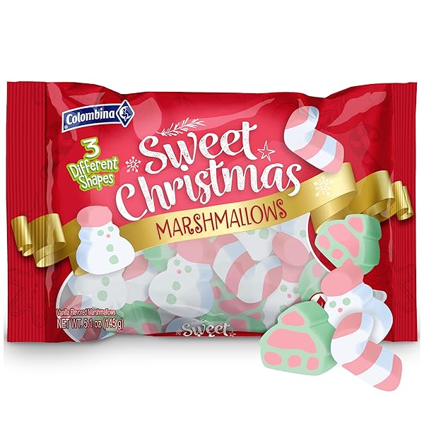 COLOMBINA SWEET CHRISTMAS MARSHMALLOWS, SOFT, ASSORTED VANILLA BEAN MARSHMALLOWS, CHRISTMAS TREES, CANDY CANES, AND SANTAS, 5.1OZ (PACK OF 1)