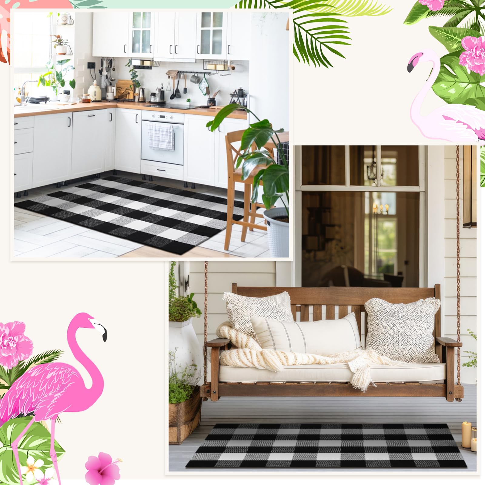 FuWeave 2 Pcs Flamingo Doormat Rug Outdoor Welcome Mat Set Coir Door Mat and 27.5"x 43" Black and White Checkered Cotton Buffalo Plaid Layering Rug for Party Front Porch Summer Decoration Bathroom - Image 6