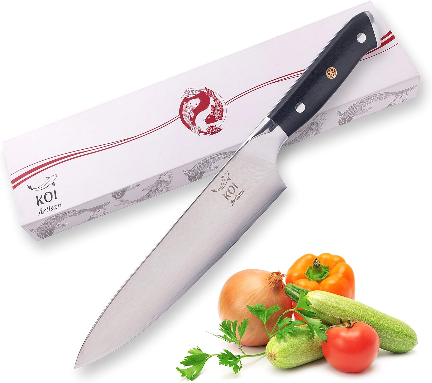 KOI ARTISAN Damascus Chef Knife, 8 Inch Razor Sharp Blade, Premium Kitchen Knives in Gift Box