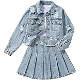 MakeMeChic Girl's 2 Piece Outfits Ripped Raw Hem Long Sleeve Button Down Denim Jacket and Pleated Jean Skirt Sets