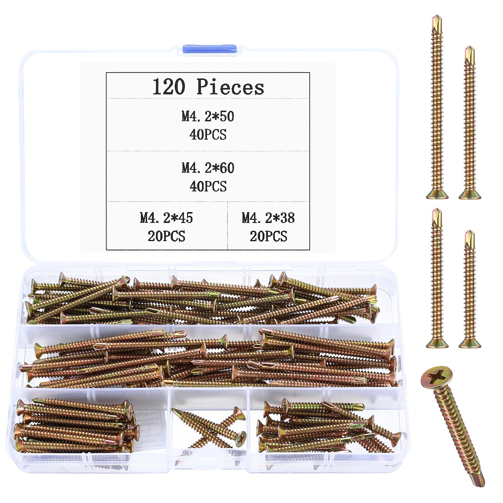 Self Drilling Screws, 120 Pcs Metal Self Tapping, Cross Head Countersunk Flat Head for Metal Sheets, Roofing, Windows, Wood, Plasterboard, 4.2mm x 38mm/45mm/50mm/60mm