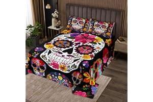Erosebridal Floral Skull Bedspread Gothic Sugar Skull Bedding Set Paisley Bohemian Coverlet Set for Kids Boys Girls Ethnic Skeleton Bones Blossoms Quilt with 2 Pillow Cases King Size Colorful