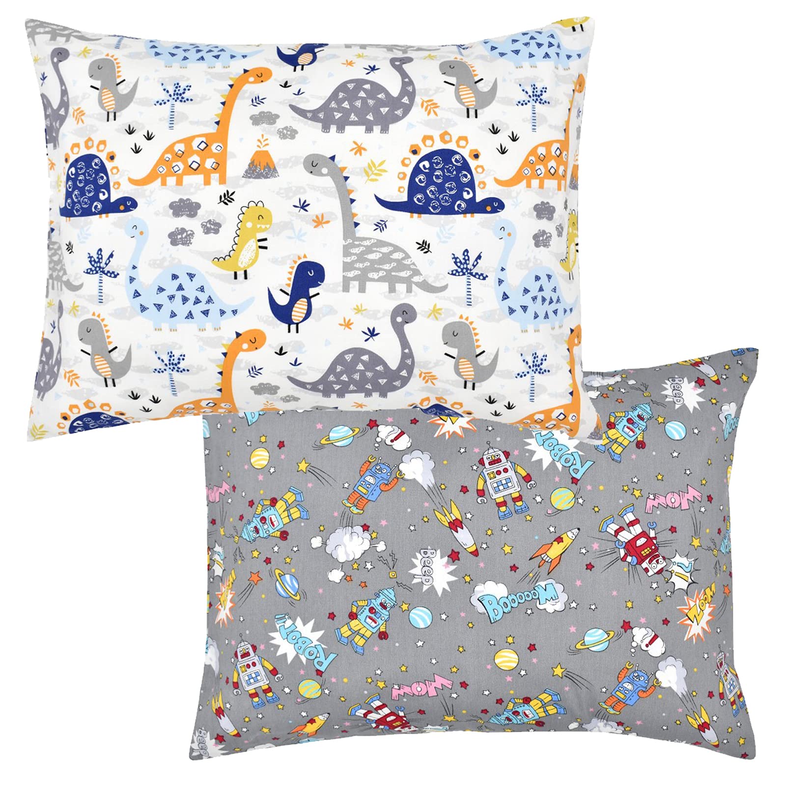 Kid Toddler Pillowcases 2 Pack, 99% Cotton Baby Pillow Cover Envelope Style Travel Pillow Case Cover Soft Breathable for Boys Girls Bedding Toddler Cot 49 x 36cm Machine Washable (Grey, Dinosaurs)