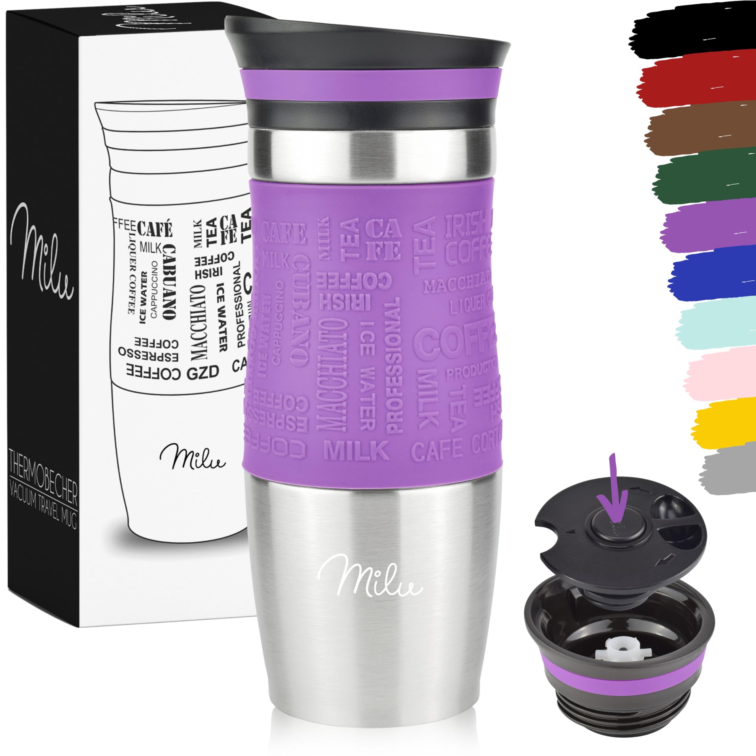Milu Travel Mug 370ml 450ml - Insulated Coffee Cup to go - 100% Leak Proof - Stainless Steel Drinking Mug - Car Mug Double Wall Insulation Thermo Coffee Flask (Purple, 370ml)
