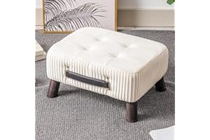 DURFII Small Foot Stool Ottoman, White Velvet Ottoman Rectangle Footrest, Bedside Step Stool with Wood Legs, Small Rectangular Stool, Foot Rest for Couch, Small Ottoman for Desk, Living Room, Bedroom, Patio