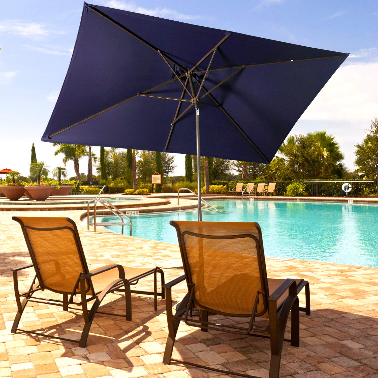 Aok Garden Outdoor Market Umbrella 10x6 5 Feet Square Patio Umbrella With Push Button Tilt And Crank Lift Ventilation 8 Sturdy Ribs Non Fading Sunshade Navy Blue Umbrella Stands Bases