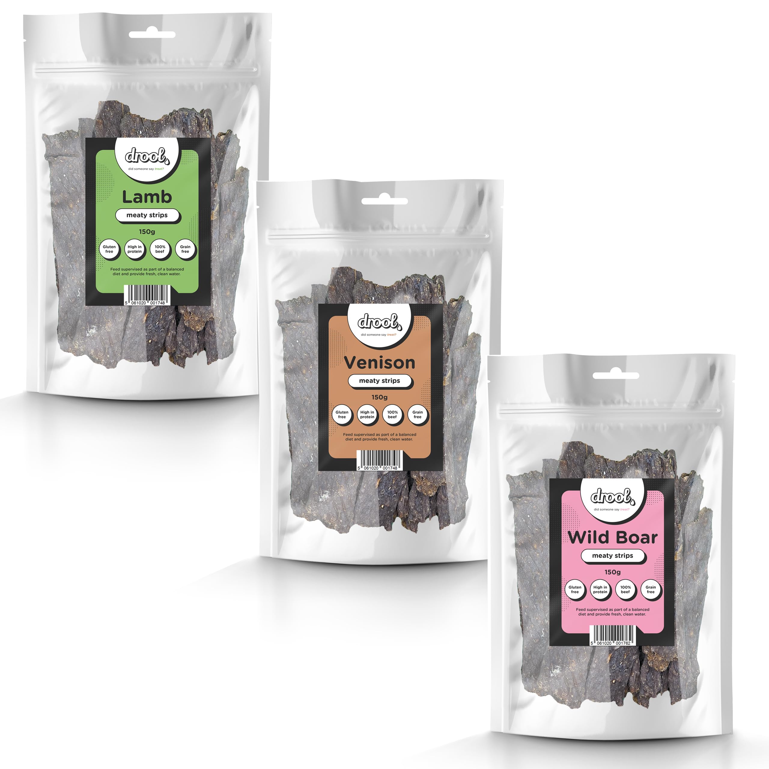 Drool Pet Products | 100% Pure Dried Fresh Meat | Triple pack Lamb, Venison, Wild Boar Meaty Strips for Dogs 3 x 150g | Air-Dried Nibbles Dog Chews for Dogs & Puppies