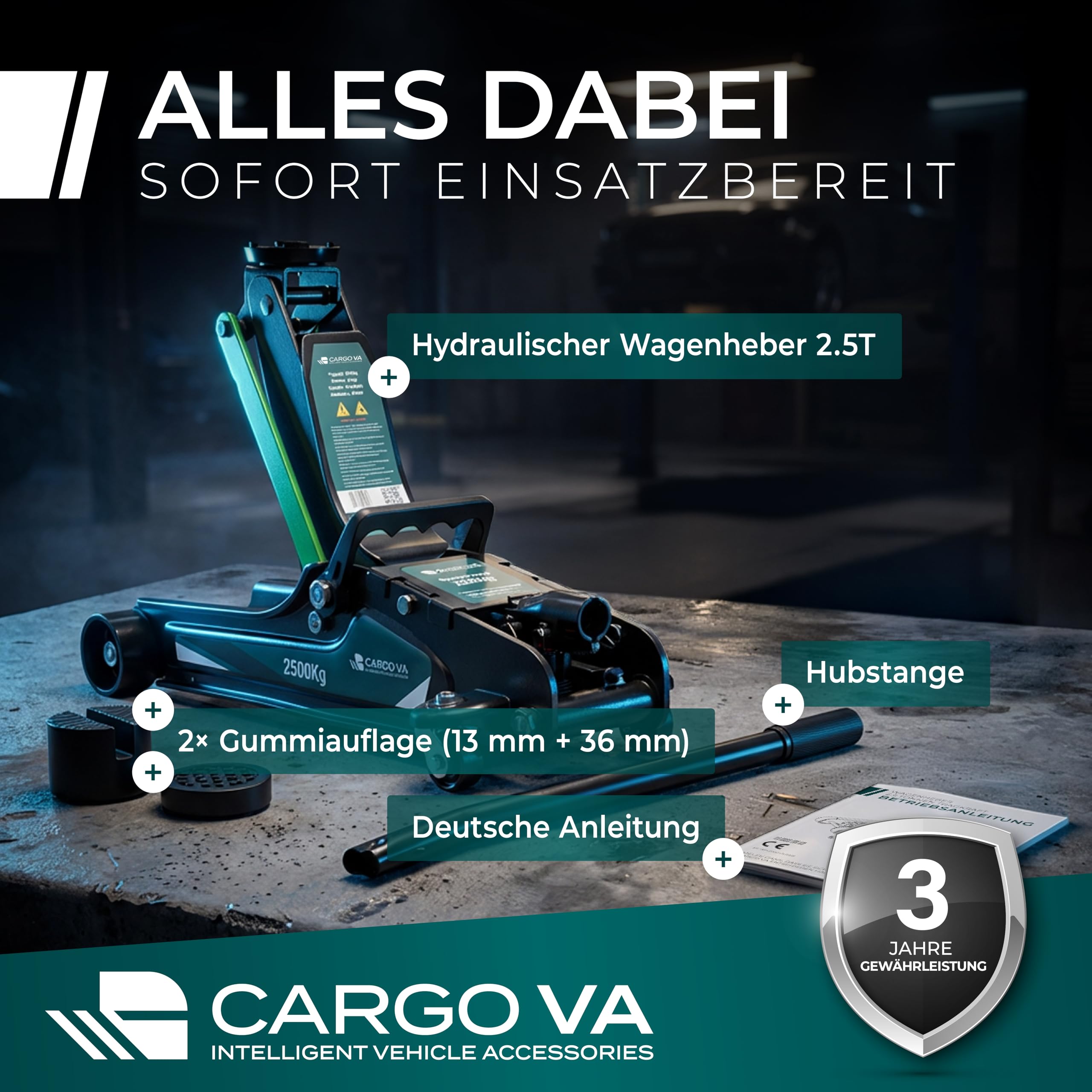 Wagenheber hydraulisch 2,5T – TÜV – 85-380mm Hub – flach für tiefergelegte Autos – Rangierwagenheber inkl. Gummiauflagen [Karton] 4