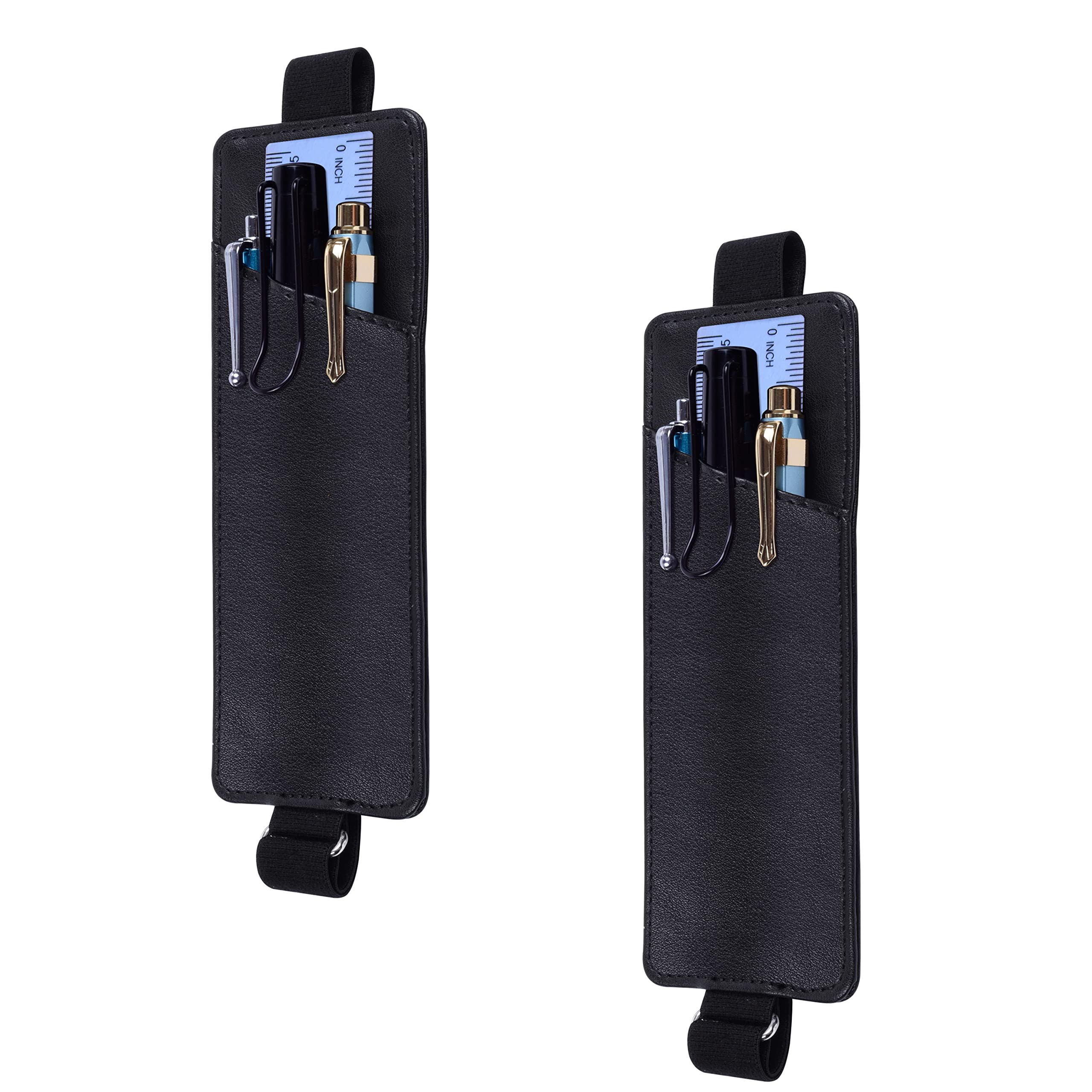 wisdompro Adjustable Elastic Band Pen Holder, 2 Packs PU Leather Pencil Holder, Pen Sleeve Pouch, Fits for 8" to 11.5" Hardcover Journals, Notebooks, Planners, iPad - Black