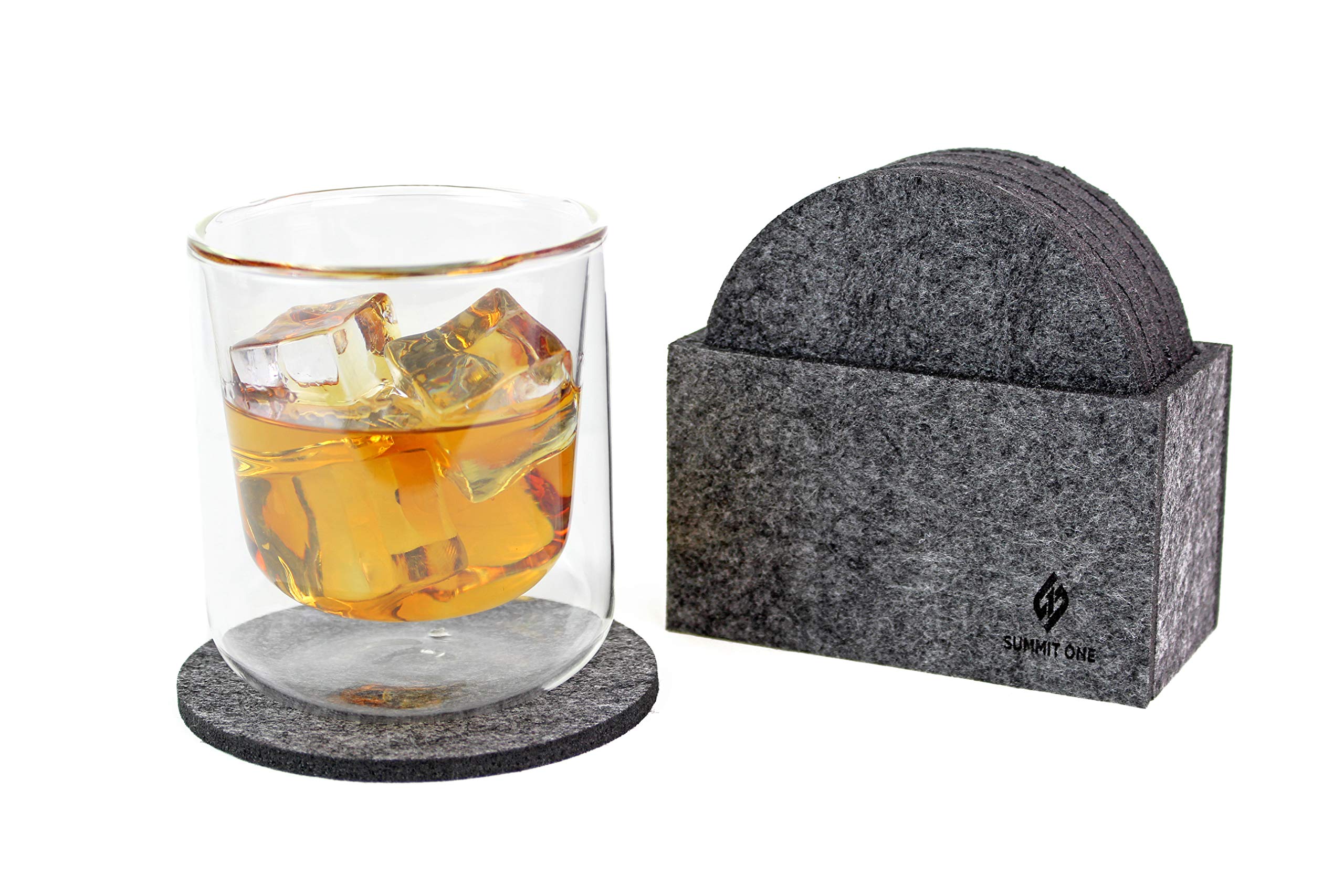 Summit One Premium Felt Absorbent Coasters, Set of 8 (4 Inch Round, 5mm Thick) - Super Absorbent Coasters For Drinks - Includes Matching Felt Coaster Holder in Gift Box