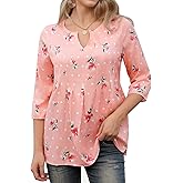 WLLW Womens Floral Printed 3/4 Sleeve Blouses Summer Pleated Front Tunic Tops V Neck Loose Fit Flowy Shirts