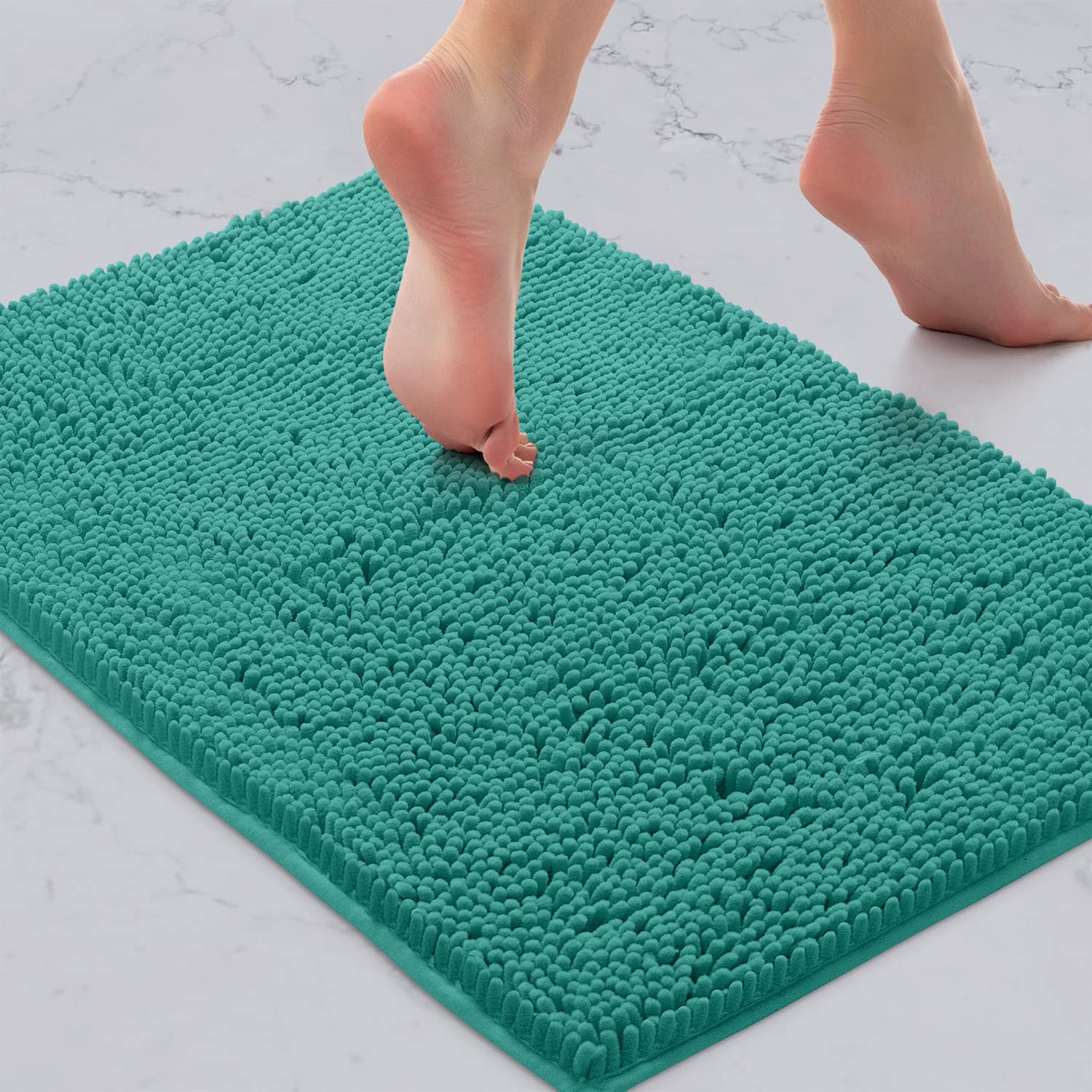 LuxUrux Bath Mat-Extra-Soft Plush Bath Shower Bathroom Rug, 1'' Chenille Microfiber Material, Super Absorbent Shaggy Bath Rug (Turquoise, 42 x 60 cm)