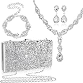Mixweer 4 Pieces Clutch Purses Bag for Women Evening Rhinestone Jewelry Set Bling Necklace Earrings Bracelets Set for Wedding