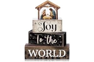 Moucuny 4 Pcs Christmas Table Decor Wooden Christian Religious Decoration Nativity Scene Centerpiece Joy to the World Tiered Tray Decor Farmhouse Xmas Decoration for Kitchen