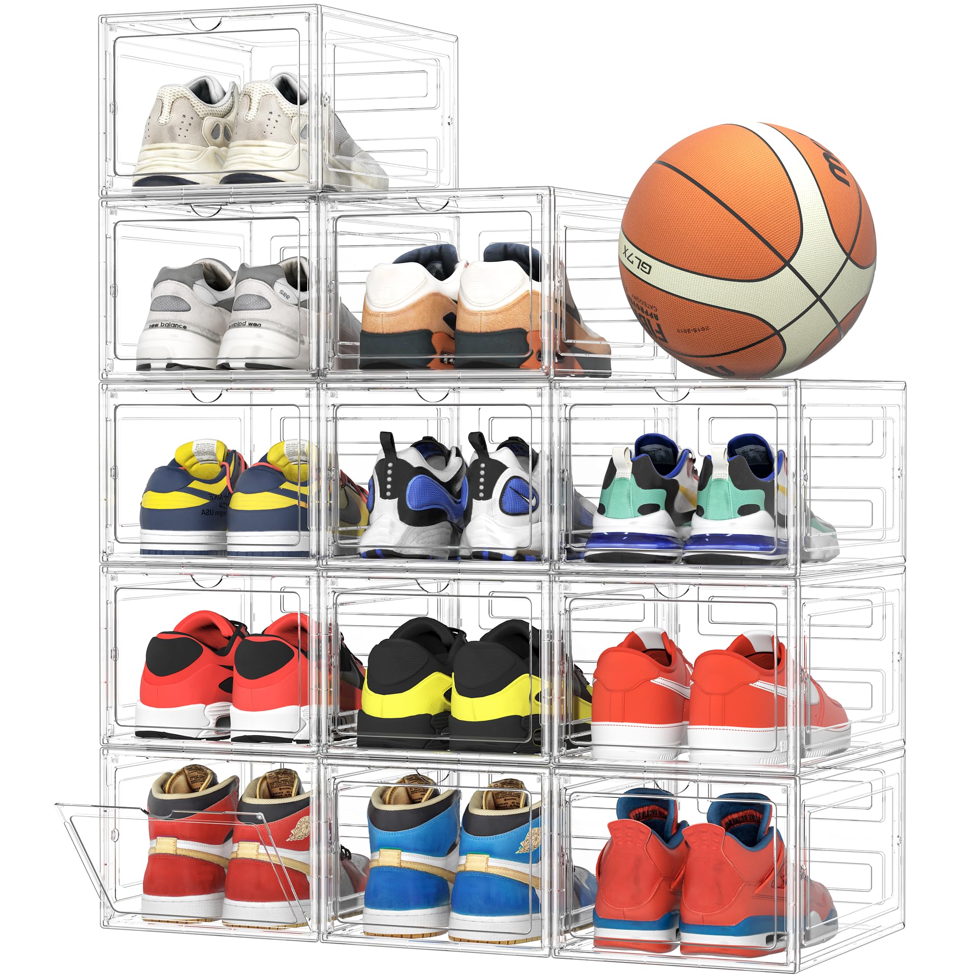 Pinkpum 12 Pack X-Large Highly Clear Shoe Storage Box Fit Size 12, Thicken & Sturdy Clear Plastic Stackable Shoe Organizer Closet, Sneaker Storage Display Case Holder Bins with Magnetic Door