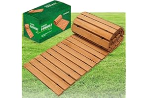 BOLDWORKS Wooden Garden Pathway Walkway 8ft Outdoor Walkway with Anti Slip Cedar Wood Slats Connected by Steel Wires UV Protected Weatherproof Portable Roll Out Walkway Path for Outdoor
