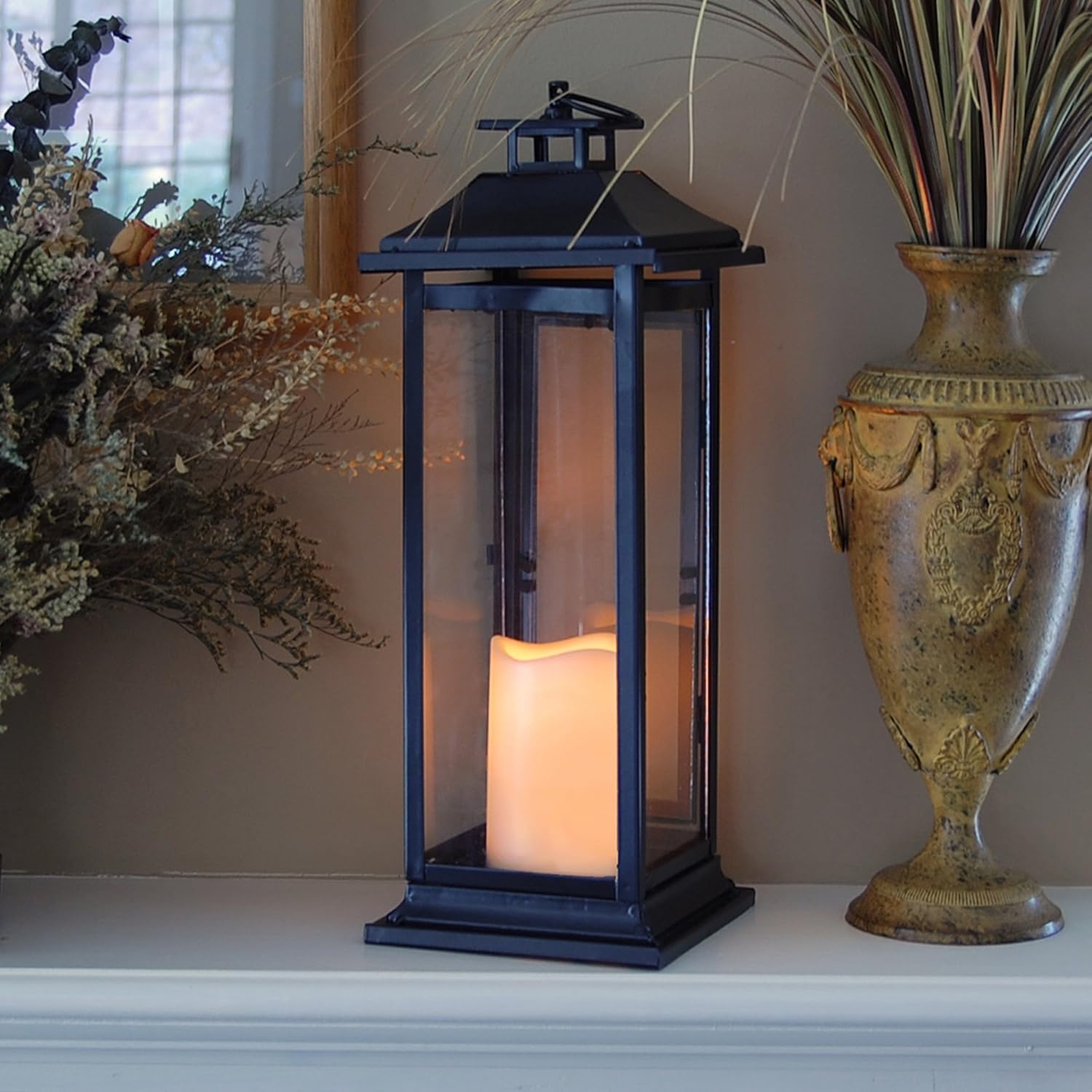 Lumabase 90401 Traditional Metal Lantern with LED Candle, Black : Garden & Outdoor