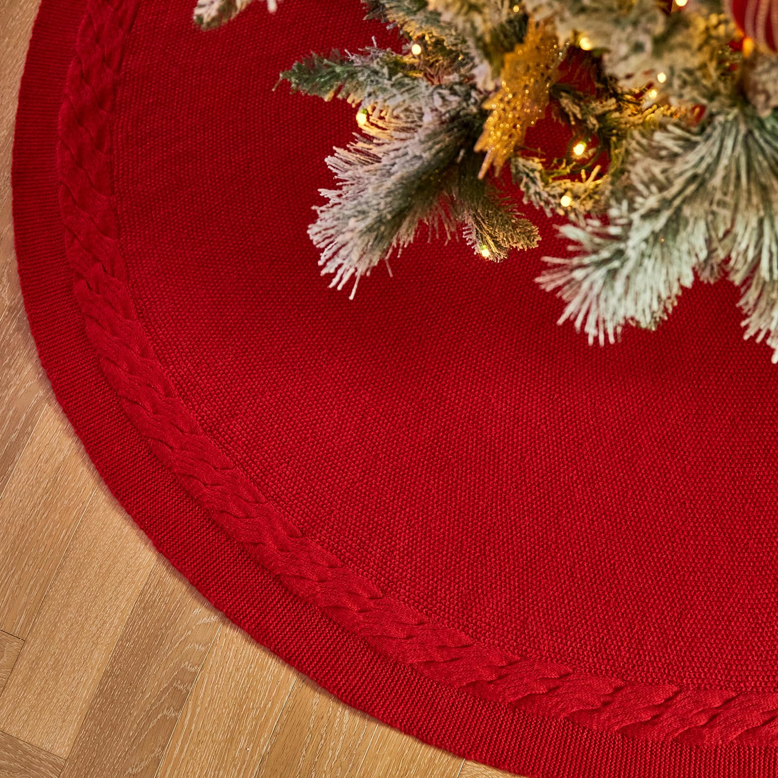 Photo 1 of 36 Inch Red Knitted Christmas Tree Skirt: Small Thick Cable Knit Round Cream Tree Skirt for 4-6FT Tree Rustic Neutral Farmhouse Neutral Christmas Tree Decorations Tree Base Cover