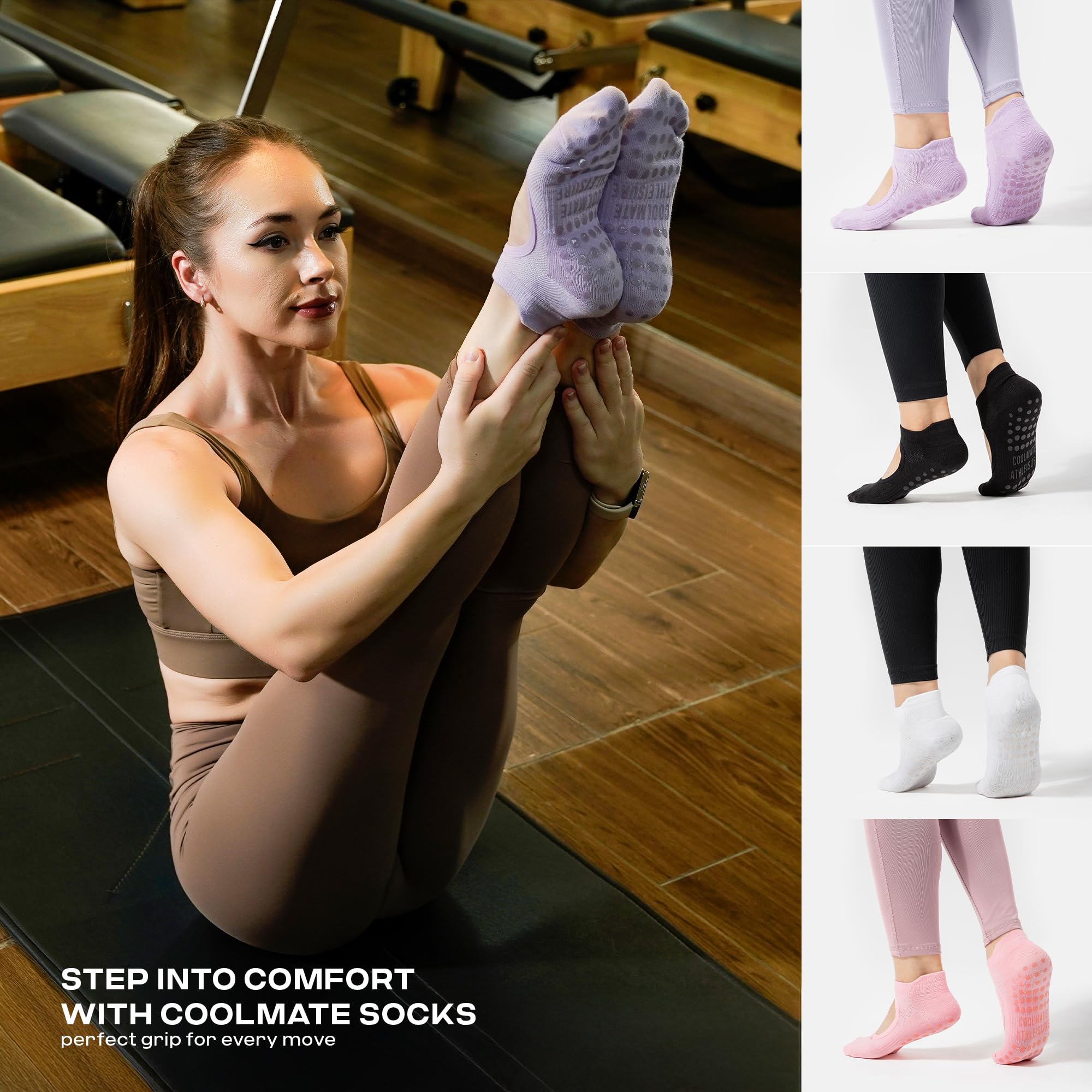 CoolMate Pilates Socks with Grips for Women, Yoga Socks, Crew Non Slip Women for Workout, Barre, Pilates Gifts