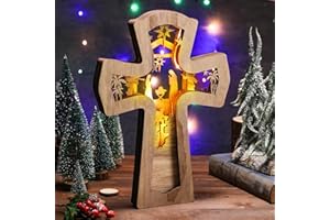 Bucherry Wooden Nativity Scene Set Christmas Nativity Scene Tabletop Set Christmas Ornament Christian Religious Rustic Decorations with LED Light for Shelves Tables Decorations Indoor Decor(Cross)