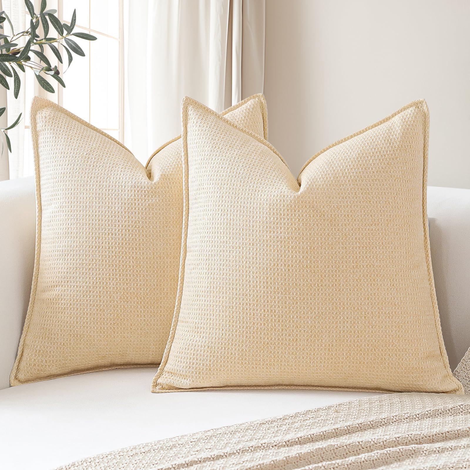 Photo 1 of OTOSTAR Pack of 2 Decorative Throw Pillow Covers 20x20 Inch Soft Plaid Cushion Covers with Stitched Edge Boho Farmhouse Home Decor Pillowcases for Sofa Couch Patio Bedroom Living Room, Beige