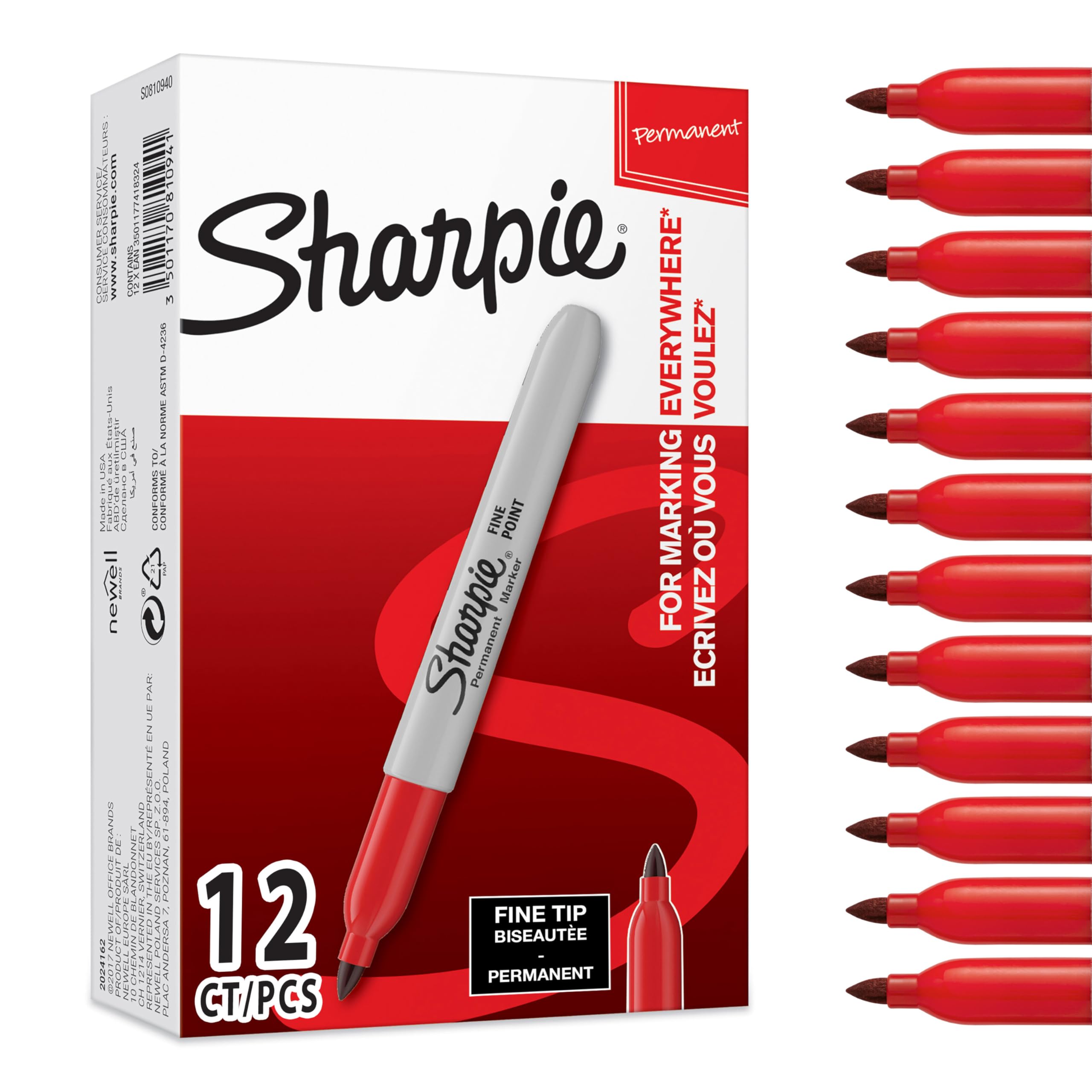Sharpie Permanent Markers | Fine Point for Bold Details | Red Ink | 12 Marker Pens