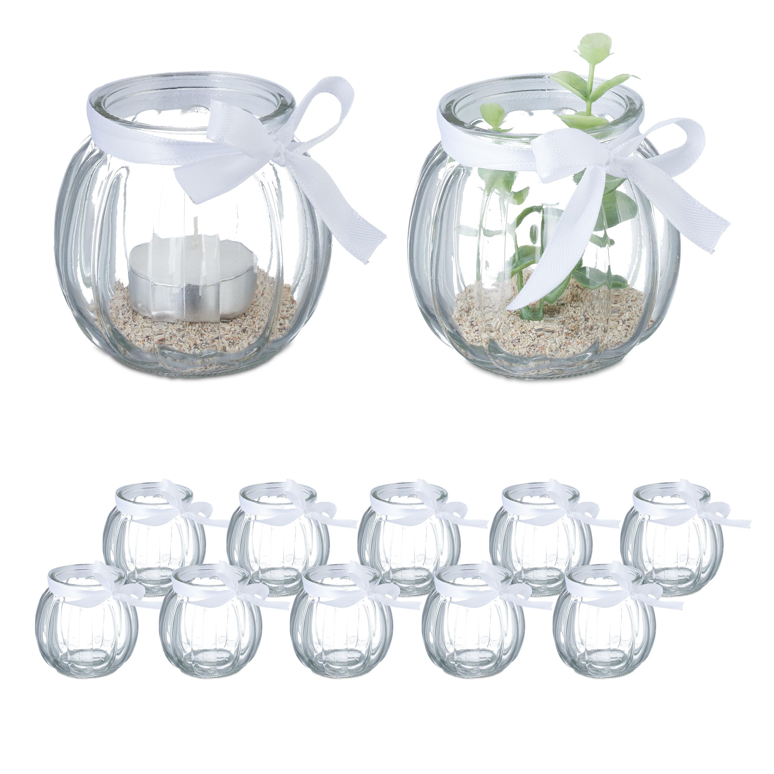 Relaxdays Candle Holders, Set of 12, Glass, Jar with Bow, Tealight Table Decor, 7.5 x 7.5 cm, Indoors & Outdoors, Clear