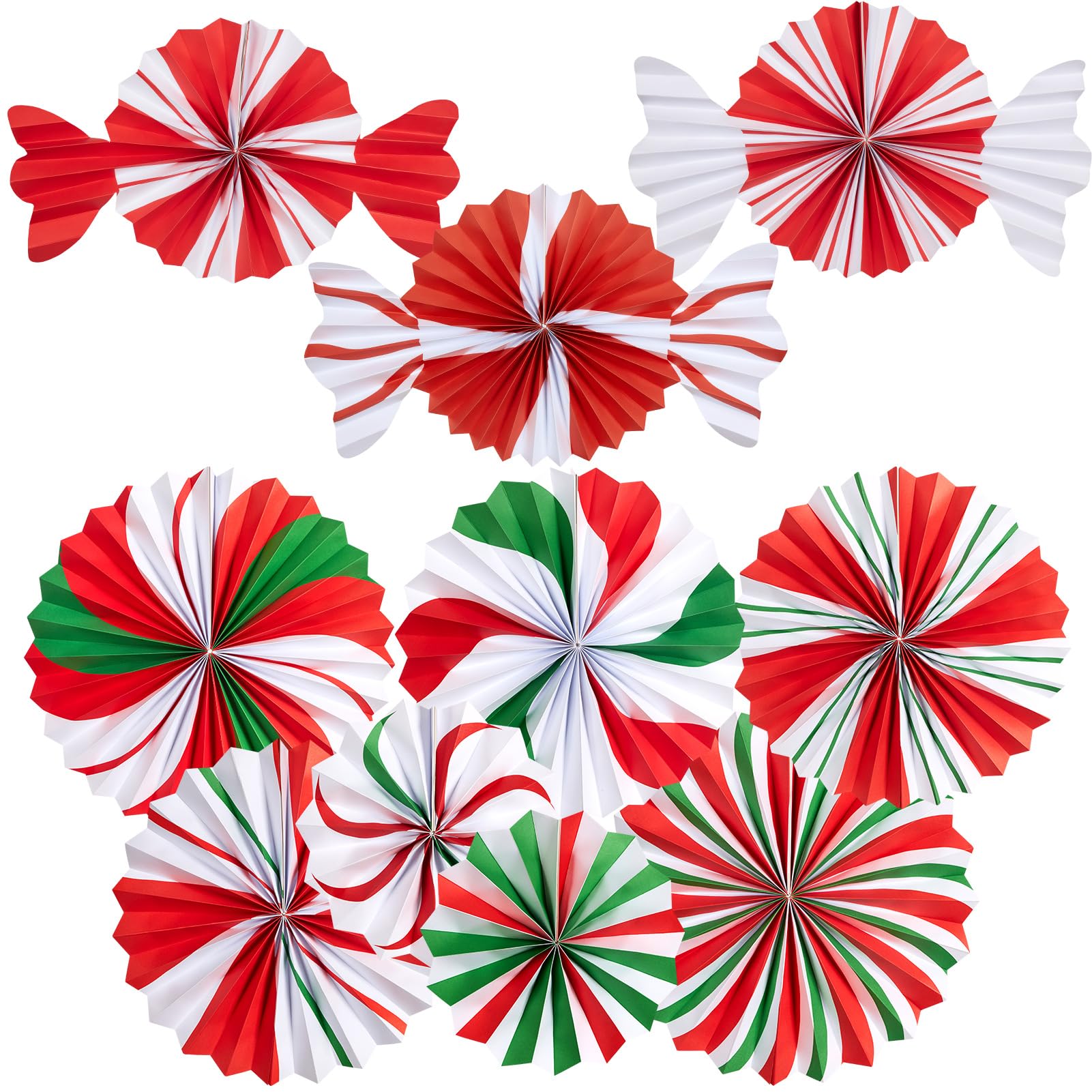 EASY JOY 10Pcs Christmas Candy Paper Fans Decorations Indoor Christmas Ceiling Candy Party Decoration Peppermint Hanging Paper Fans for Holiday Xmas Classroom Decor