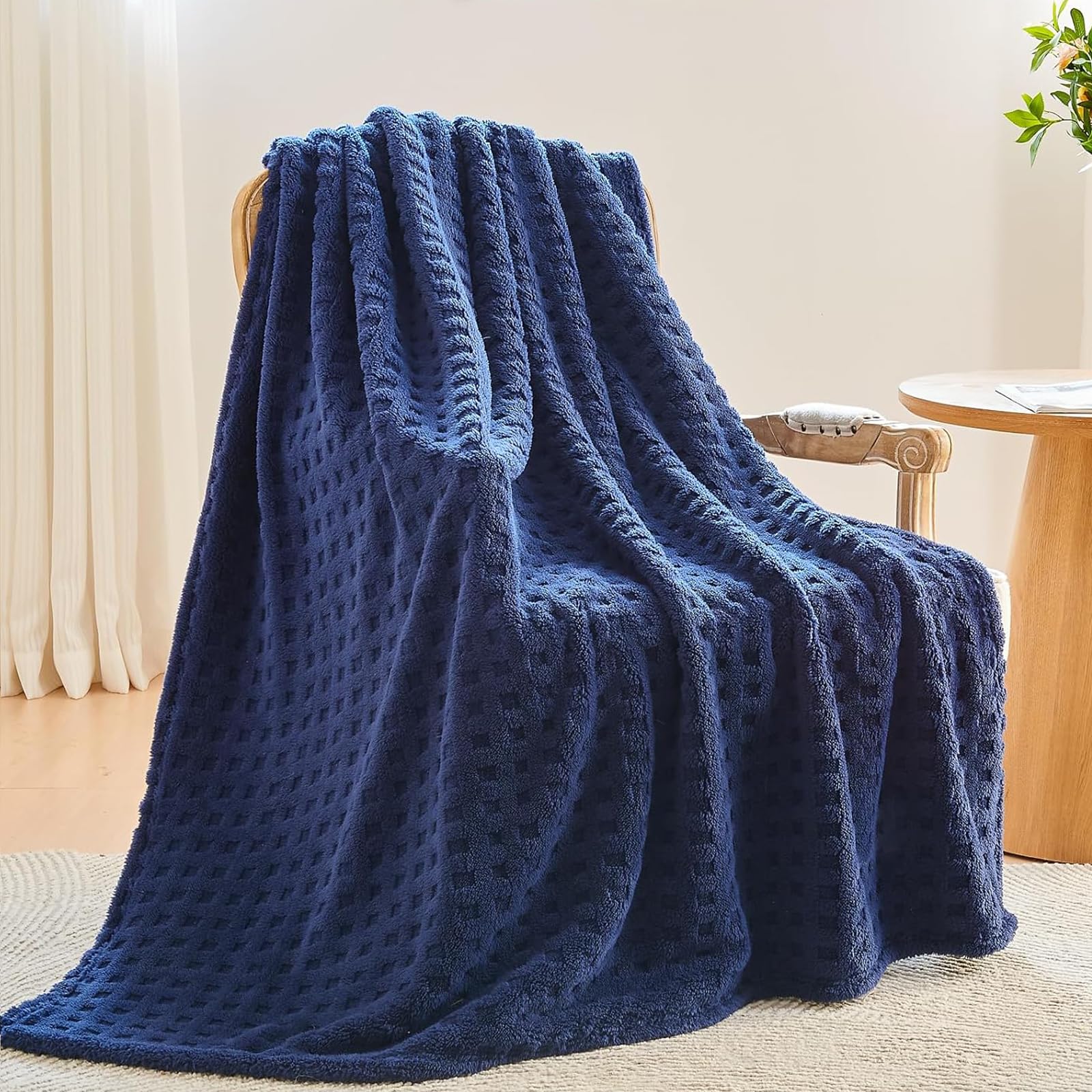 NEWCOSPLAY Super Soft Twin Blanket Navy Premium Silky Flannel Fleece 3D Waffle Checkered Lightweight Bed Blanket All Season Use (Dark Navy, Twin(60"x80"))