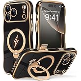 GolbinBox Magnetic for iPhone 17 Pro Case with 360° Spin Stand, [Compatible with MagSafe][Camera Protection][18FT Military Protection] Cute Wave Slim Plating Phone Case for iPhone 17 Pro, Black