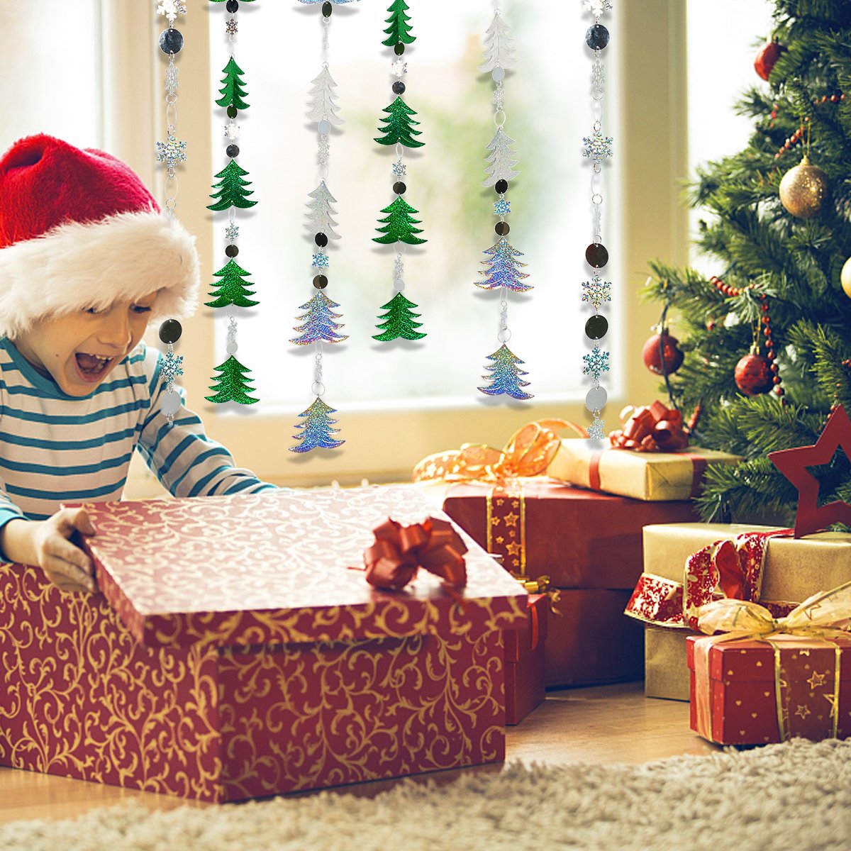 Christmas Hanging Decorations -3 Pieces Christmas Tree and Snowflake Shape Ornaments Hanging Bunting Garlands Banner for Xmas Party Decor