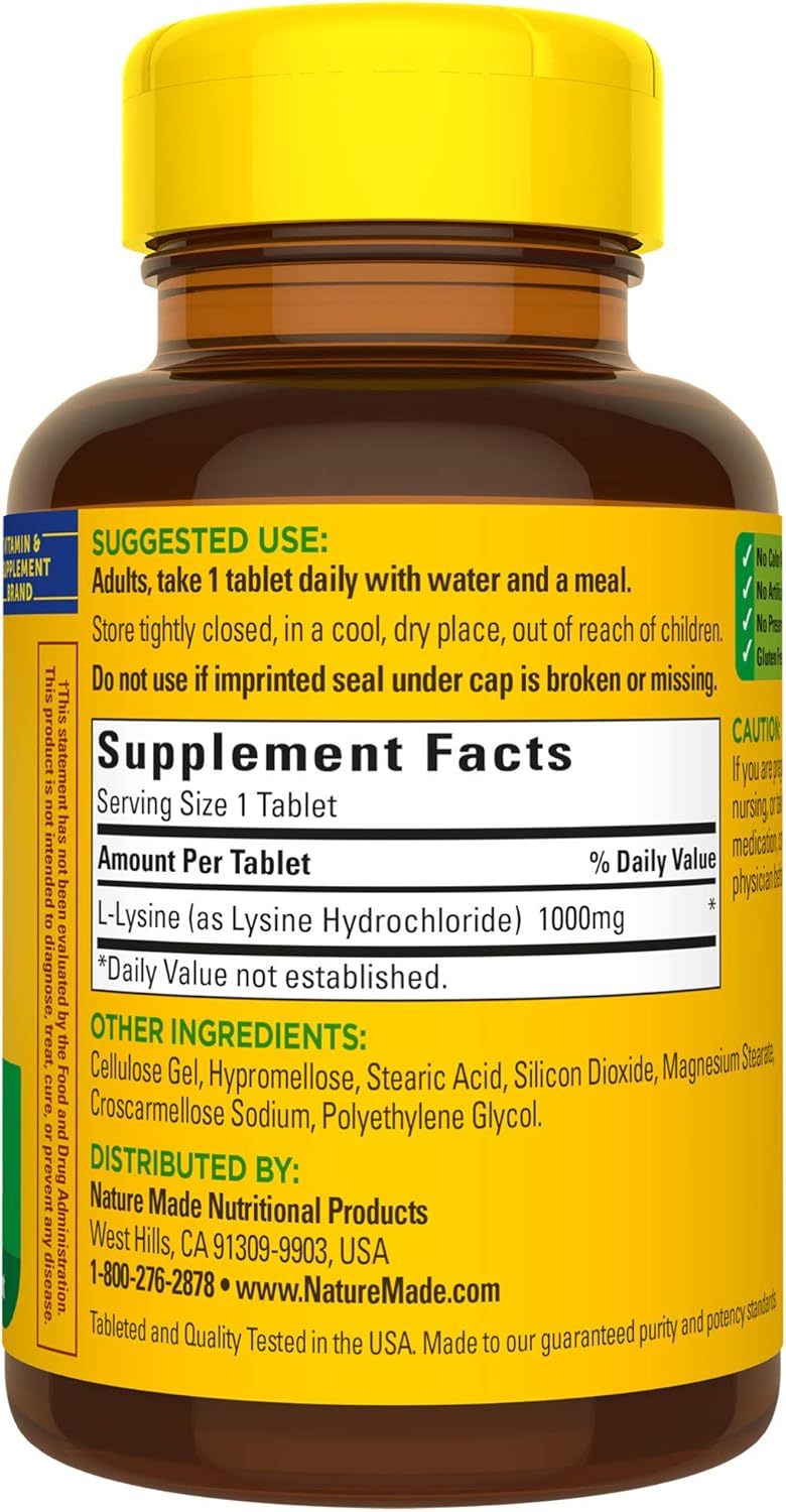 Nature Made Extra Strength L-Lysine 1000 mg Amino Acid, 60 Tablets: Health & Personal Care