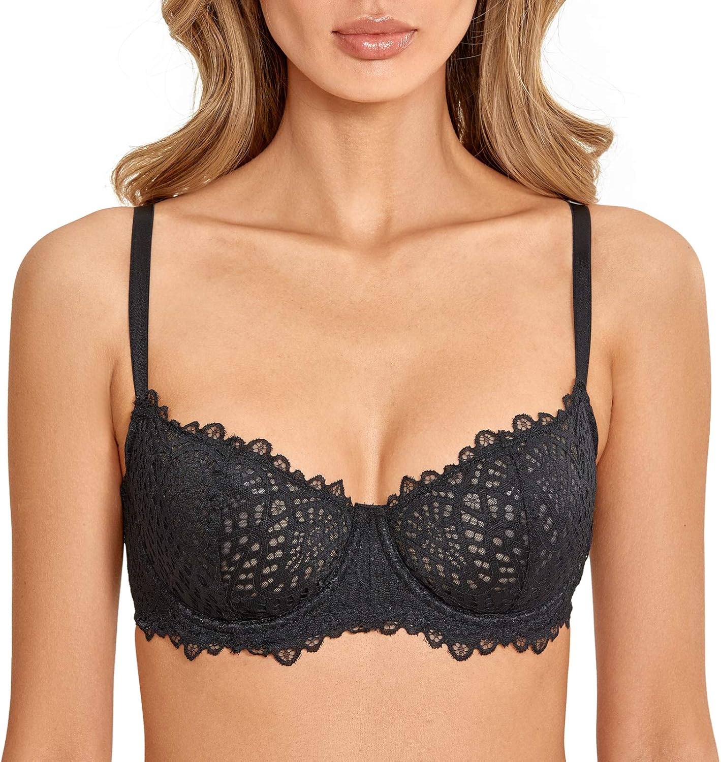 DOBREVA Women's Lace Balconette Push Up Bra Plus Size See Through Unlined Underwire Demi at 