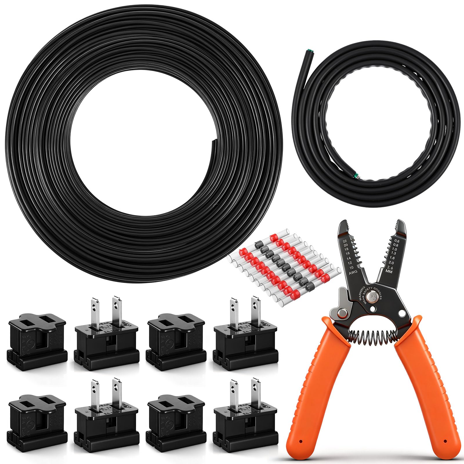 Photo 1 of 18/2 Christmas SPT-1 Electrical Wire Kit - Christmas 18/2 Landscape Lighting Wire with Strippers Plugs, Heat Shrink Terminals, Heat Shrink Tubing for 2025 Xmas Holiday Outdoor(Black,100 ft)