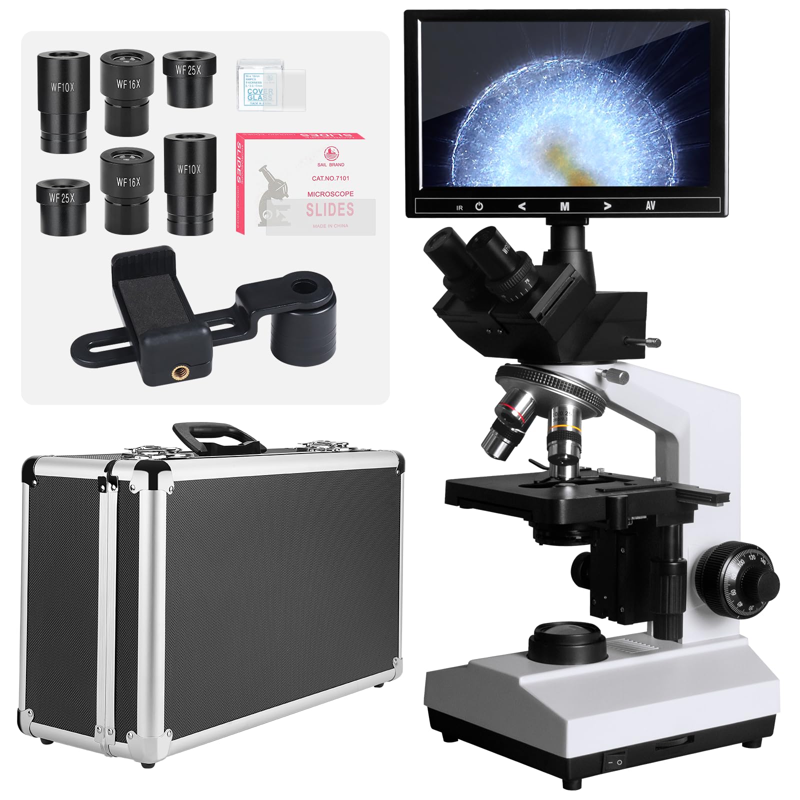 Photo 1 of [Darkfield Microorganism Model] Vabiooth Lab Darkfield & Brightfield Trinocular Compound Microscope 40X-2500X Magnification with 7" Monitor 5MP E-Eyepiece, Adjustable Mechanical Stage, LED Source