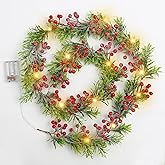 Breeze Touch 5.9FT Lighted Snow Christmas Garland, Olive Garland with Red Berries,Battery Operated Christmas Garland for Mantel, Staircase and Table Winter Holiday Decorations