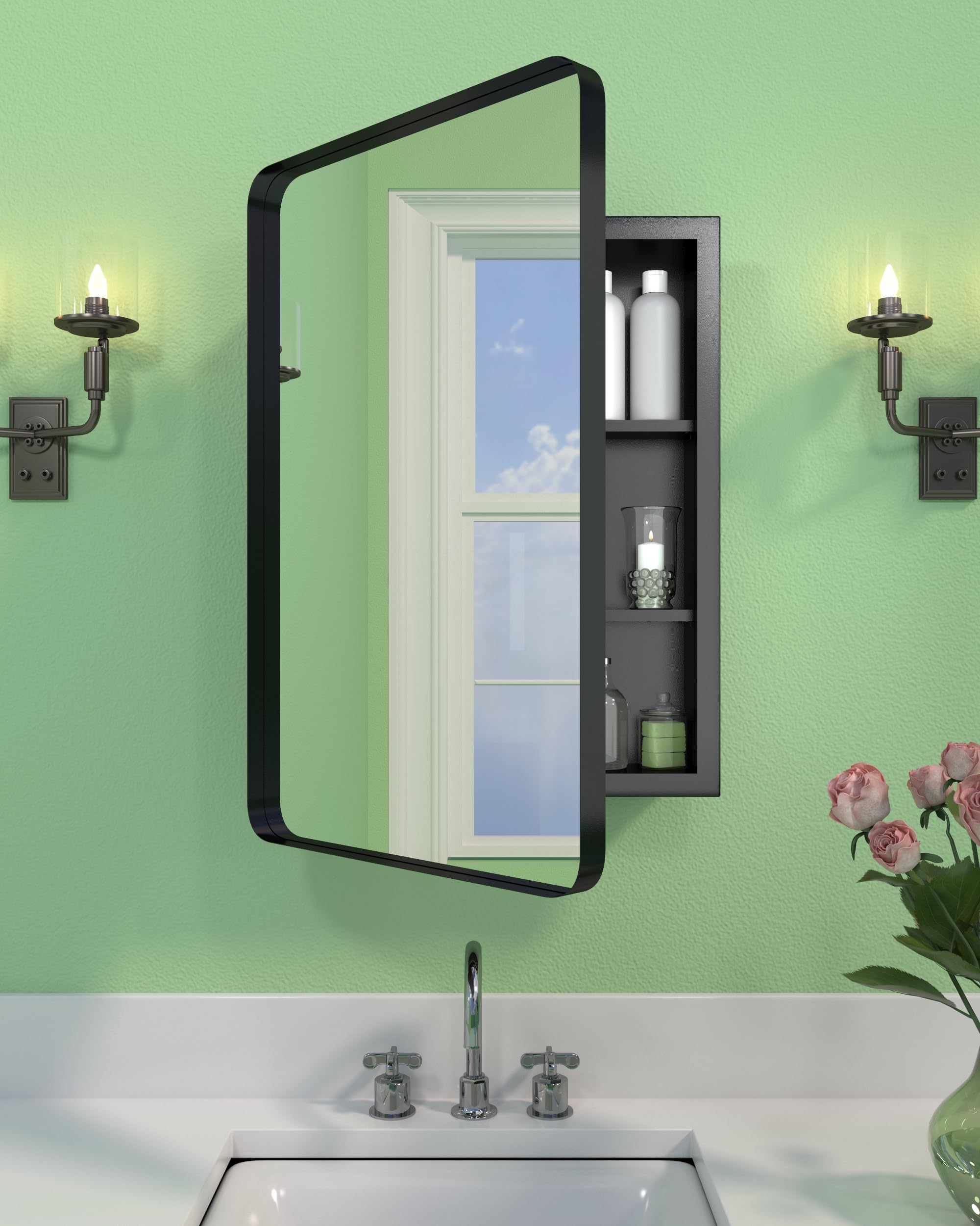 Photo 1 of 16"x24" Bathroom Medicine Cabinet with Mirror, Recessed and Surface Mount Medicine Cabinet Bathroom Mirror with Storage, Waterproof Black Metal, Stable and Removable 2 Metal Shelves, Easy Installation