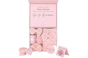 Happy Lolli Power Shower Gift Set – College Essential Bath Accessories for Women and Teen Girls – Includes Body Towel, Hair Towel, Wrist Bands, Headband, Face Sponge and More (Fresh in Pink)
