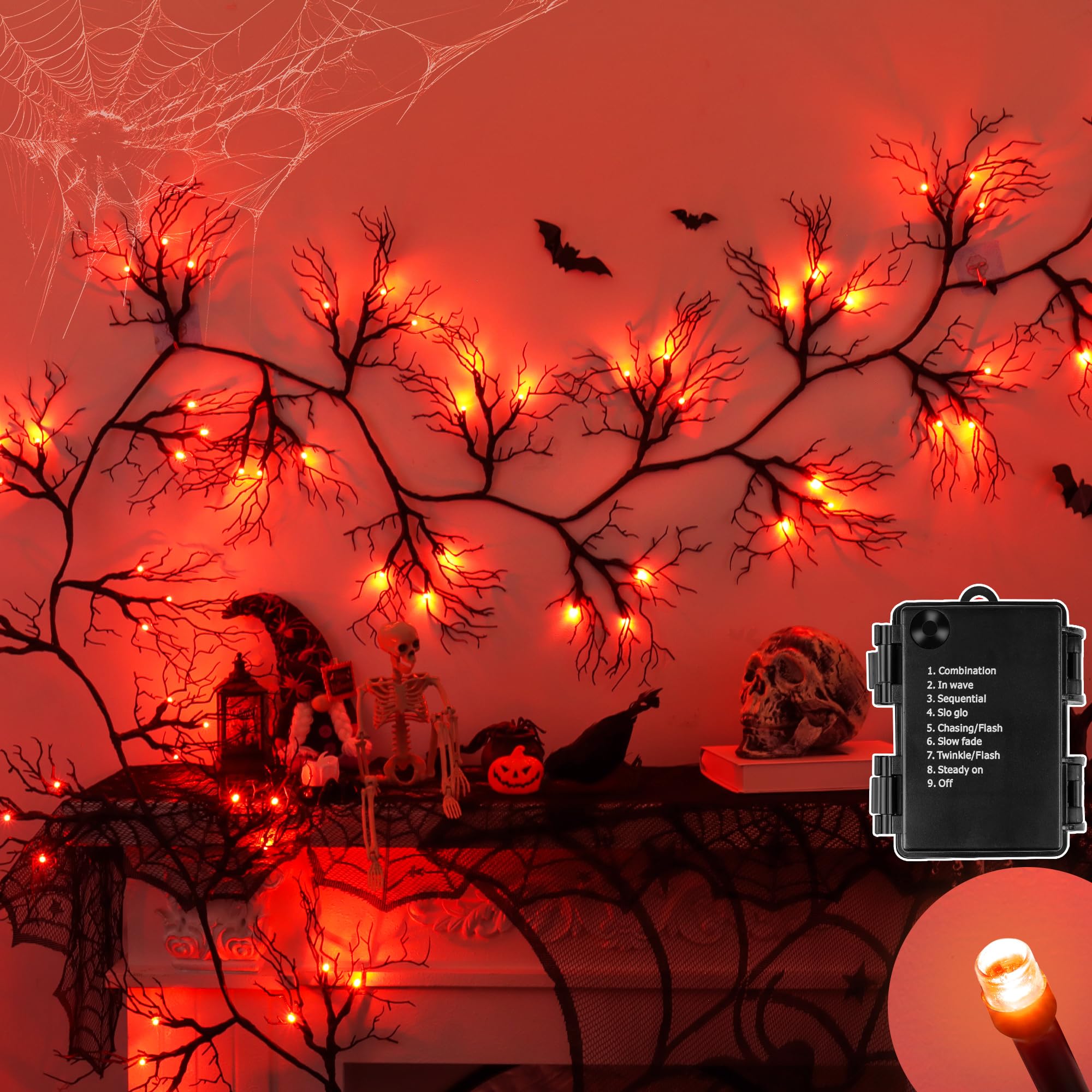 Photo 1 of 9 FT 66 LED Halloween Black Garland Willow Vine Twig Decor with Orange Light, 8 Modes & Timer Battery Operated Waterproof Halloween Decorations Indoor for Mantle Fireplace Home Office Party Decor