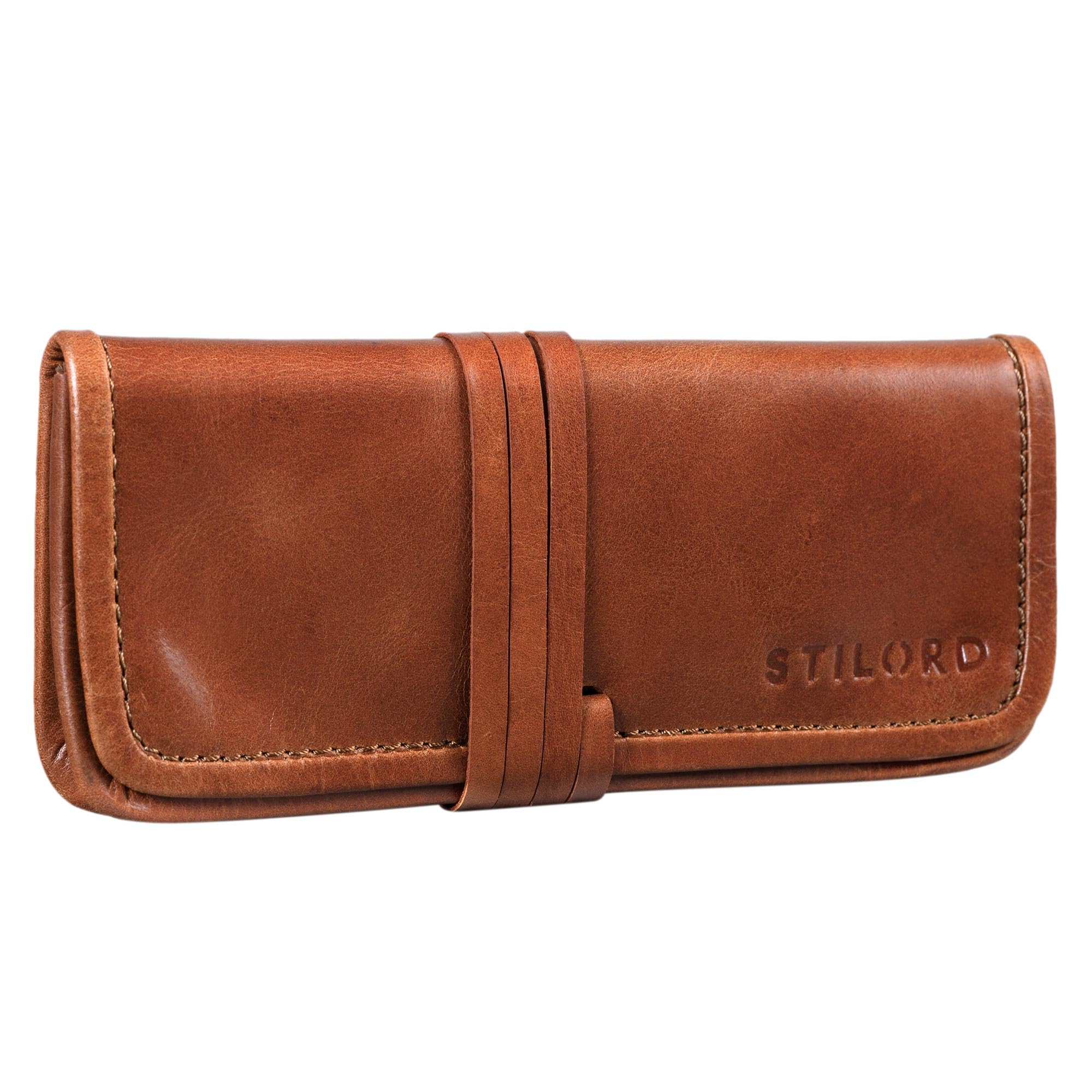 STILORD "Lenny" Pencil case Leather Vintage Small Ideal as a Little Wallet Purse Stylish Pen case and Cosmetic case in Genuine Buffalo Leather Colour:Shiny Cognac Brown