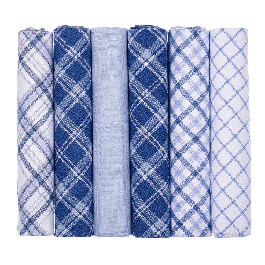 6 Pack Mens Gents Handkerchiefs Mixed Blue and White Check Plaid and Plain Dyed 100% Cotton Handkerchief Hankies GIFT BOXED