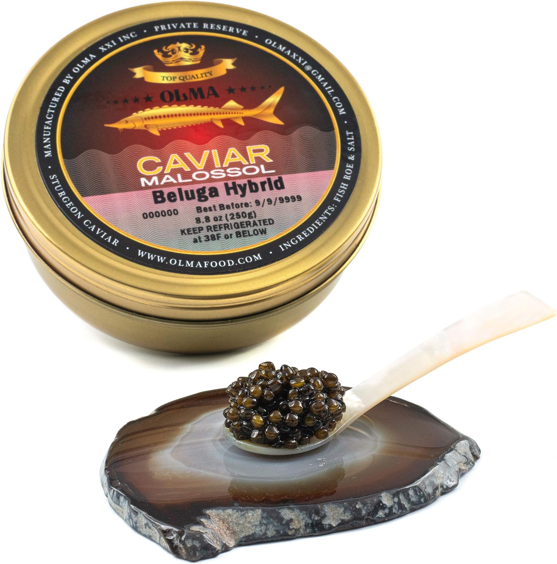 OLMA Beluga Hybrid Caviar - Rated Top Black Caviar in the World, Exclusively from OLMA - Overnight Delivery - 8.8 oz (250g) Metal Tin