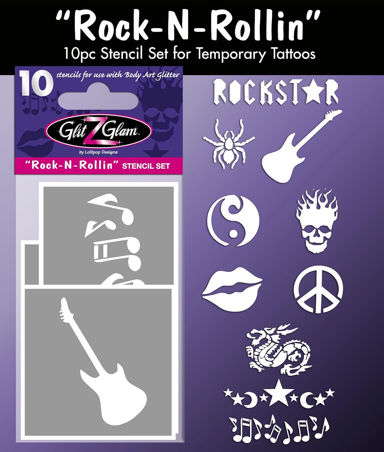 Tattoo Stencil Set for Glitter Tattoos: Rock N Rollin Temporary Tattoos - Hypoallergenic and Dermatologist Tested!