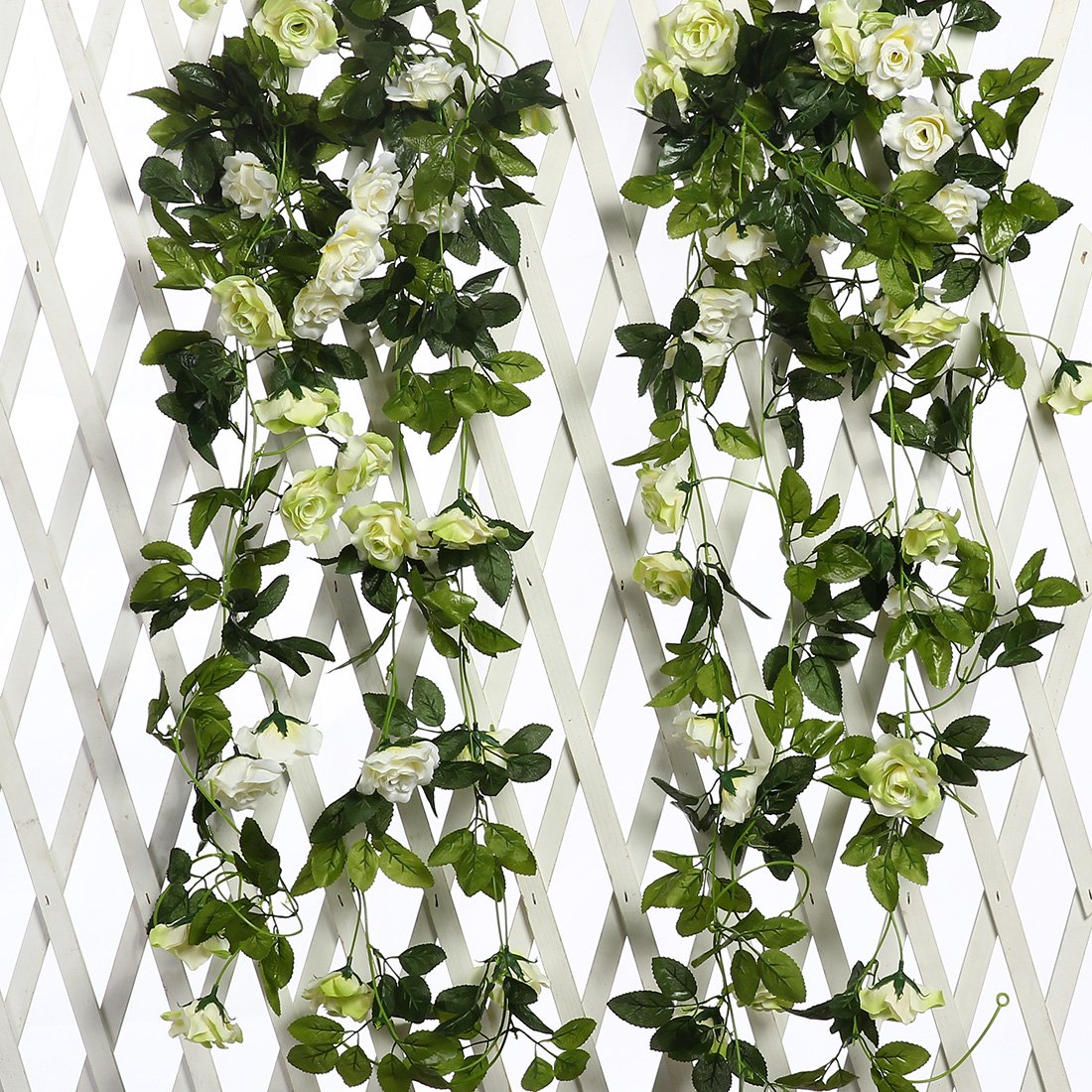JUSTOYOU Artificial Silk Rose Flowers Garland Vines Hanging Silk Flowers for Outdoor Indoor Wedding Wall Badroom Decoration (White -13, 13 Heads)