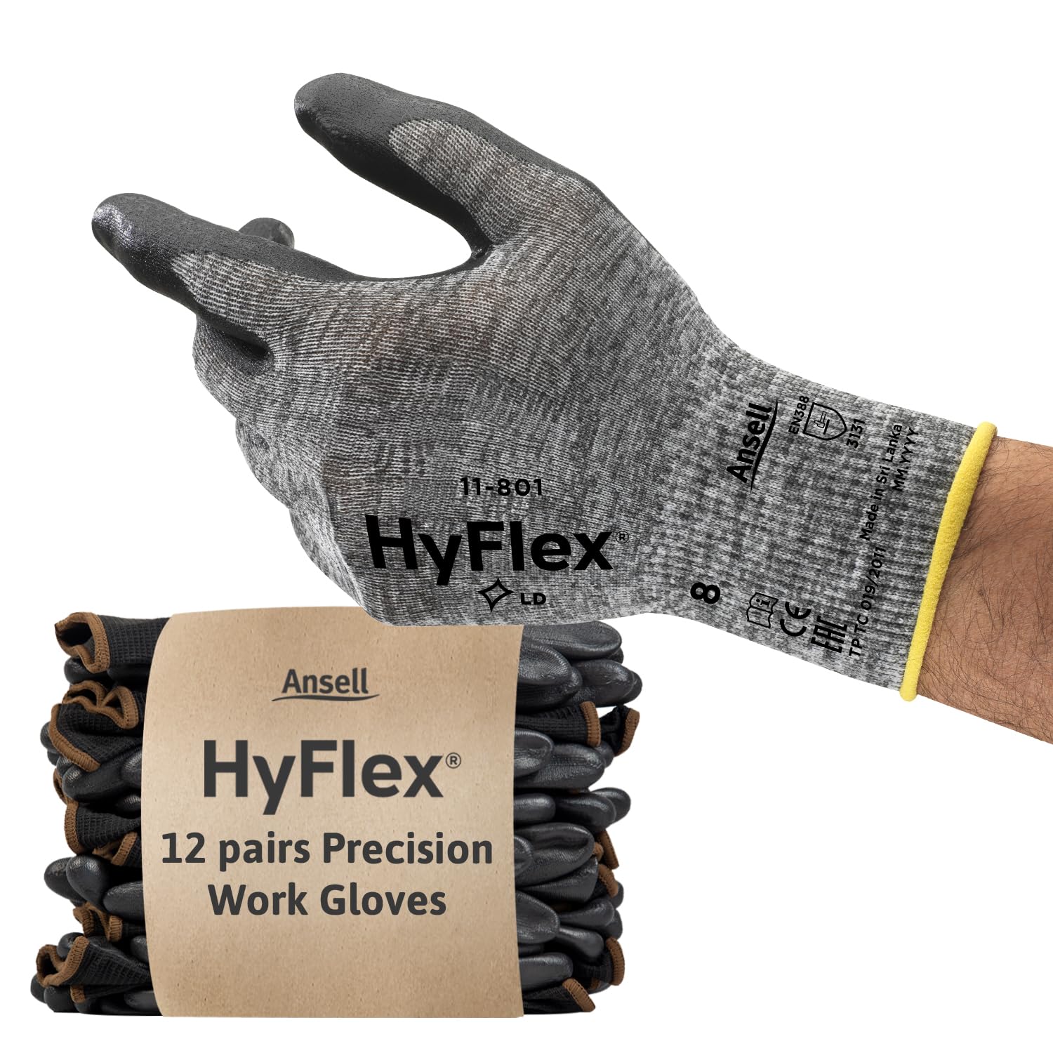 Ansell HyFlex 11-801 Professional Work Gloves, Abrasion Resistant Nitrile Coating with Firm Grip, Multipurpose Protection Gloves, Mechanical and Industrial Safety, Grey, Size 2XL (12 Pairs)