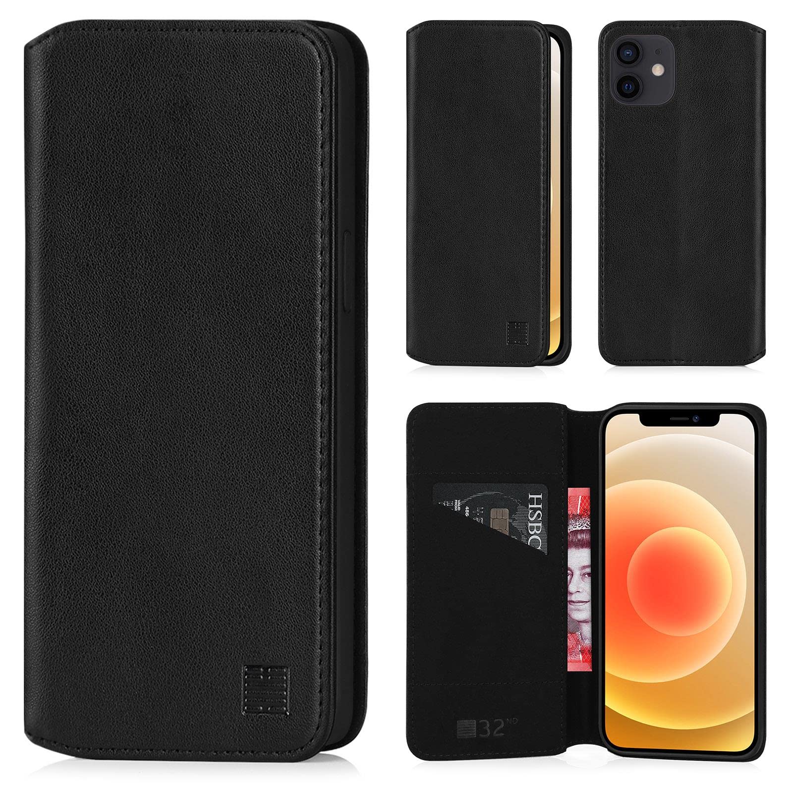 32nd Classic Series 2.0 - Real Leather Book Wallet Flip Case Cover For Apple iPhone 12 Mini (5.4"), Real Leather Design With Card Slot, Magnetic Closure and Built In Stand - Black