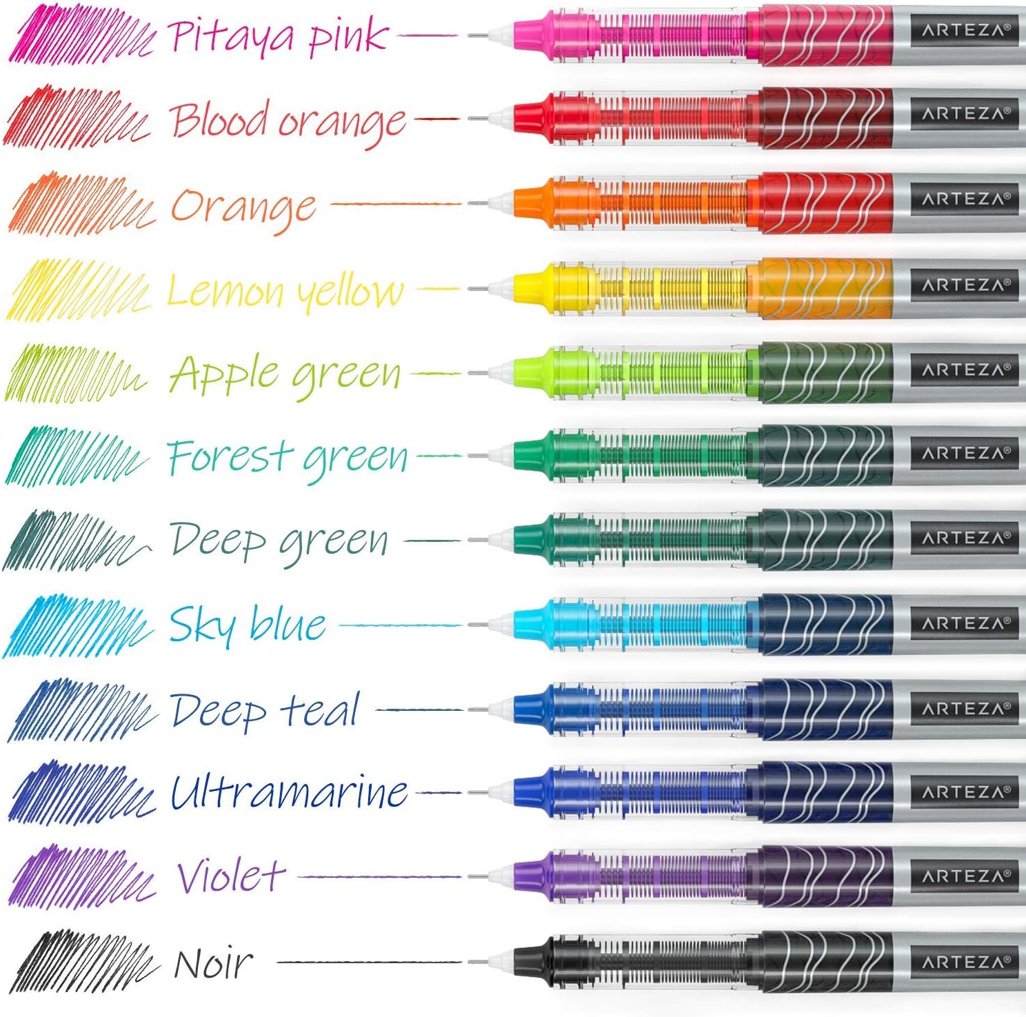 Arteza Rollerball Pens Fine Point, Set of 24 Colored Pens with Liquid Ink, Extra Fine 0.5 mm Needle Tip Pen, Make Precise Lines for Writing, Notetaking, and Drawing: Office Products