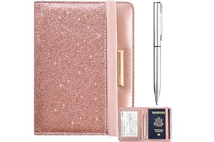 Caweet Passport Holder and Vaccine Card Holder Combo RFID Blocking Leather Vaccination Card Wallet with Elastic Band Closure, Glitter Rose Gold