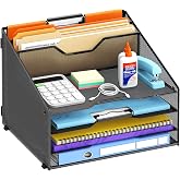 ReePlan Desk File Organizer, 4 Letter Trays and 2 Upright Sections, Black | Paper Organizer for Desk with Tiered Letter Trays and Vertical File Holders for Home Office, School and Workspace Use